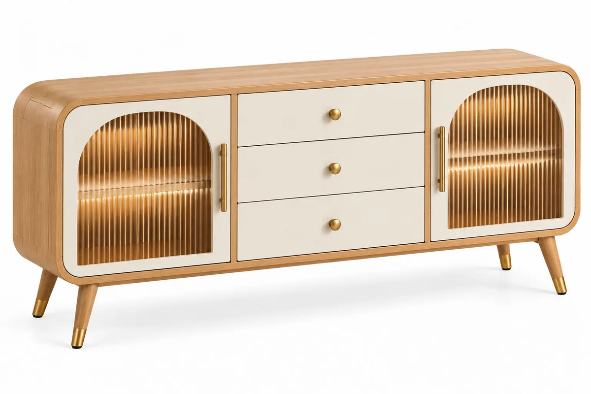 Credenza, ante vetrate ad arco e tre cassetti, marrone/beige