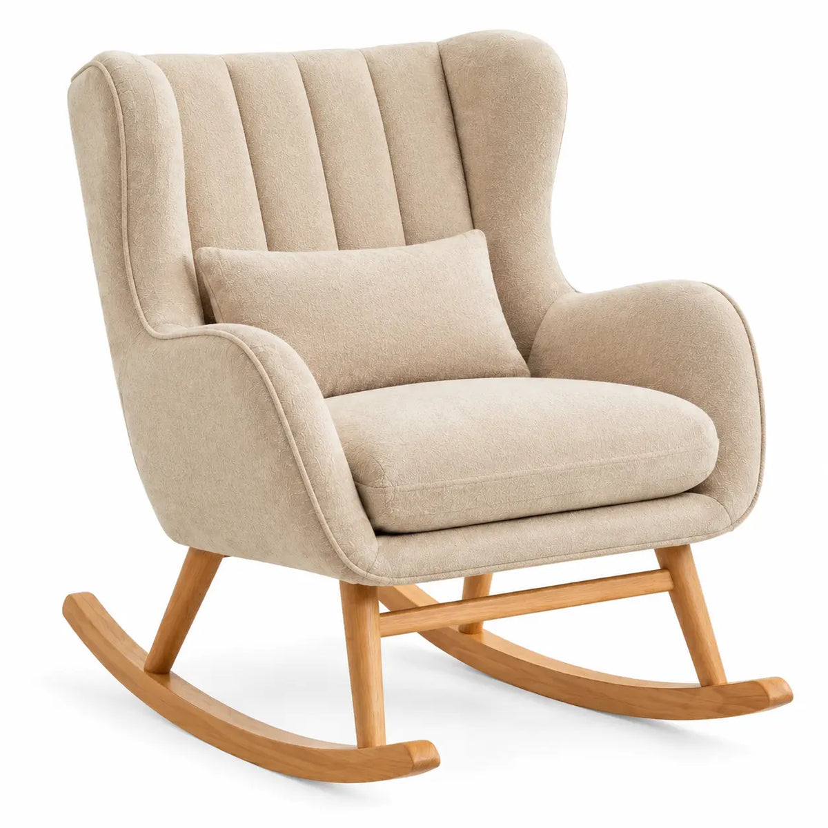 Poltrona a dondolo, schienale alto a fasce e braccioli imbottiti, beige/marrone