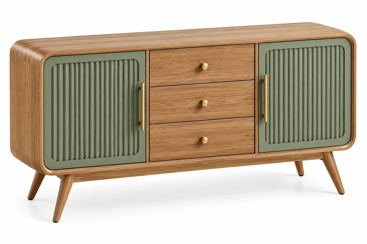 Credenza, ante scanalate e tre cassetti centrali, marrone/verde
