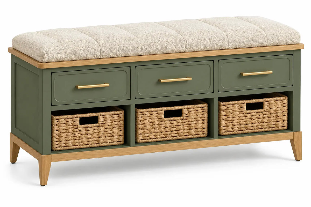 Panca, tre cassetti e cestelli inferiori, verde/marrone/beige