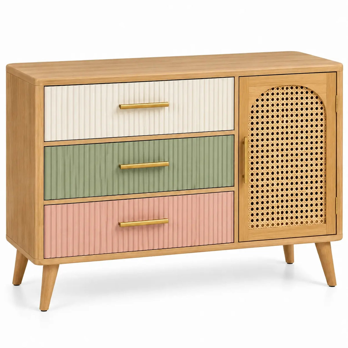 Credenza, anta intrecciata e tre cassetti a contrasto, marrone/beige/verde/rosa