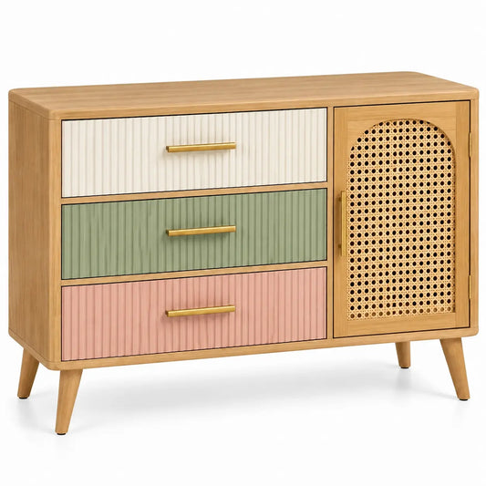Credenza, anta intrecciata e tre cassetti a contrasto, marrone/beige/verde/rosa
