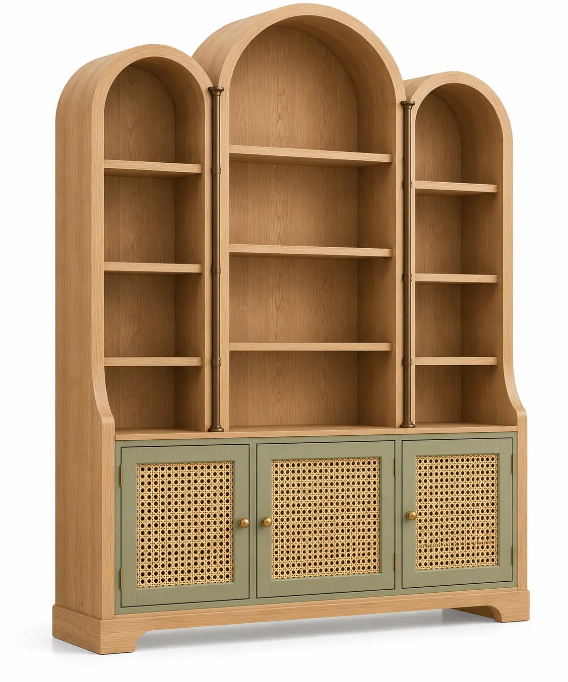 Libreria, tre sezioni ad arco e ante intrecciate inferiori, marrone/verde